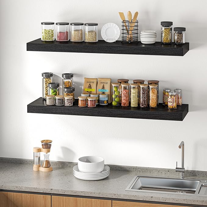 Dreamland 48" Floating Shelves for Wall, 12" Deep Thicker Black Floating Shelves, Wall-Mounted Shelves for Bedroom, Living Room, Kitchen, Bathroom - Set of 2