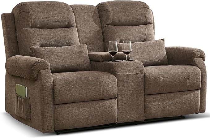 DRMBOOK RV Loveseat Recliner Sofa with Console, Flax Velvet Double Wall Hugger Reclining Couch Manual Home Movie Seating 2 Person Recliner Chair with Cup Holders/Storage/Pocket/Lumbar Pillow, Brown