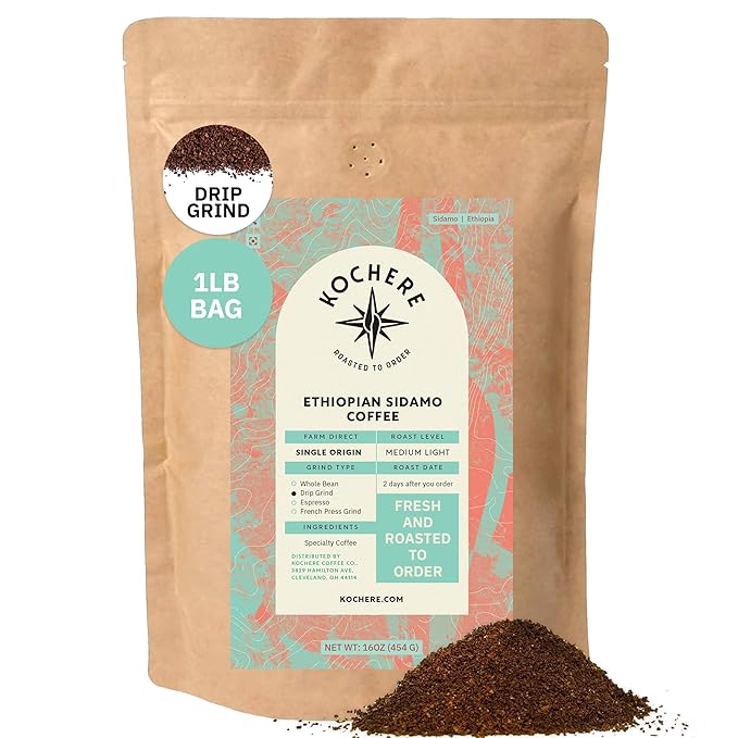 Ethiopian Sidama Coffee – 1LB, Single Origin, Medium-Light Roast, Freshly Roasted Drip Grind, Specialty Grade, Non-GMO