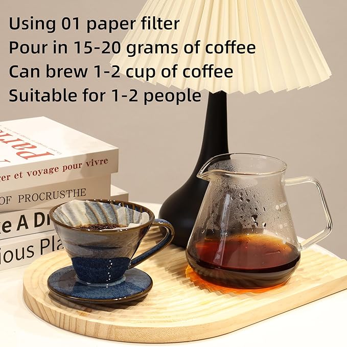 Ceramic Coffee Dripper includes 50 Filters 01 Pour Over Coffee Maker Porcelain V Hand Brewed Set Pottery Artisanal Drip Brew Barista Gift 1 Cup for Single People Travel Camping Office Home