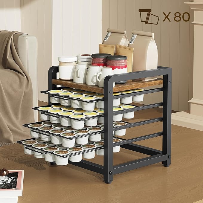 Coffee Pod Drawer Holder, 4 Tier Organizer for K Cup, 80 Pods Capacity, Spacious Storage Rack for K Cup, Space Saving, Easy Assembly, for Kitchen, Rustic Brown KH04BRY1
