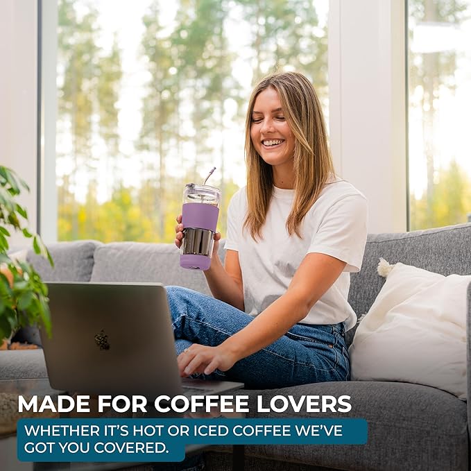 19 oz Clear Double Wall Borosilicate Glass Coffee Tumbler, to Go Travel Mug with Lid, Portable with Straw, Reusable Cup for Tea, Smoothies, Iced Coffee, and Boba