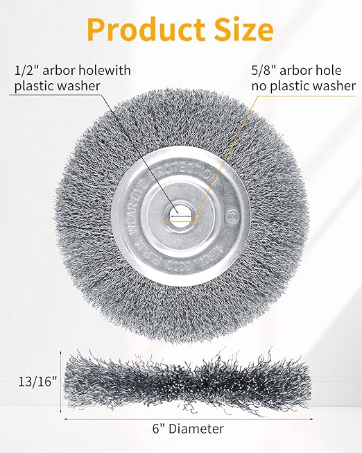 4Pcs Wire Wheel for Bench Grinder - 6 Inch Fine Crimped Wire Brush for Grinder with 1/2" and 5/8" Arbor(0.0085Inch Wire Size), Efficiently Polish Nuts, Bolts and Assorted Car Parts.