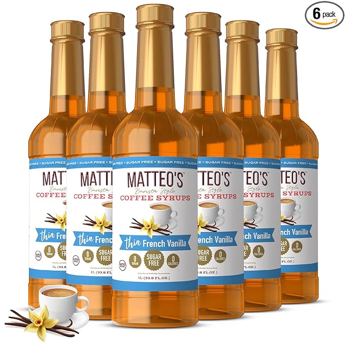 Matteo's French Vanilla Syrup for Coffee, Lattes, Cappuccinos & Desserts – Sugar-Free Sweetener for Beverages, Keto Friendly, Zero Calories, Indulgent Flavor, Non-Alcoholic, 33.8oz (6pk)