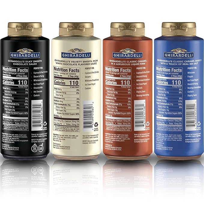Ghirardelli Chocolate Sauce Variety Pack | 16 oz Bottles (Pack of 4) | Classic Chocolate, Rich Caramel, Creamy White Chocolate, and Sea Salt Caramel Dessert Toppings
