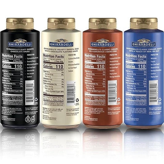 Ghirardelli Chocolate Sauce Variety Pack | 16 oz Bottles (Pack of 4) | Classic Chocolate, Rich Caramel, Creamy White Chocolate, and Sea Salt Caramel Dessert Toppings