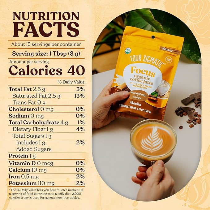 Four Sigmatic Mocha Focus Mushroom Coffee Latte | Plant-Based Organic Instant Latte with Lion’s Mane Mushroom for Focus and Mental Clarity | Made With Just 6 Organic Ingredients | 4.23 oz Bag