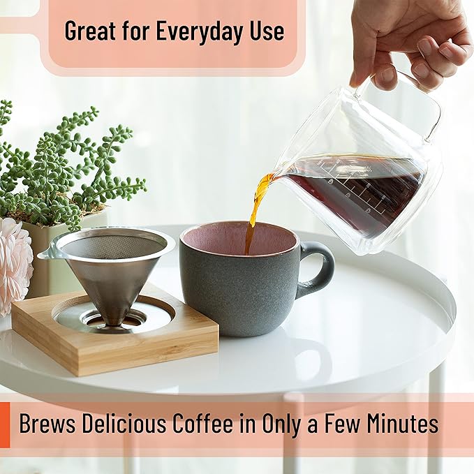 Brew To A Tea BTaT- Pour Over Coffee Maker Set, Double Wall Glass, 16 oz, Drip Coffee Maker Pour Over, Permanent Filter