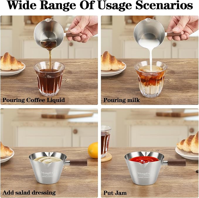 Mongdio 2 Pcs Espresso Measuring Cup, Stainless Steel Espresso Shot Cups with Wooden Handle and Double Spouts, 6.8OZ/200ML, Silver