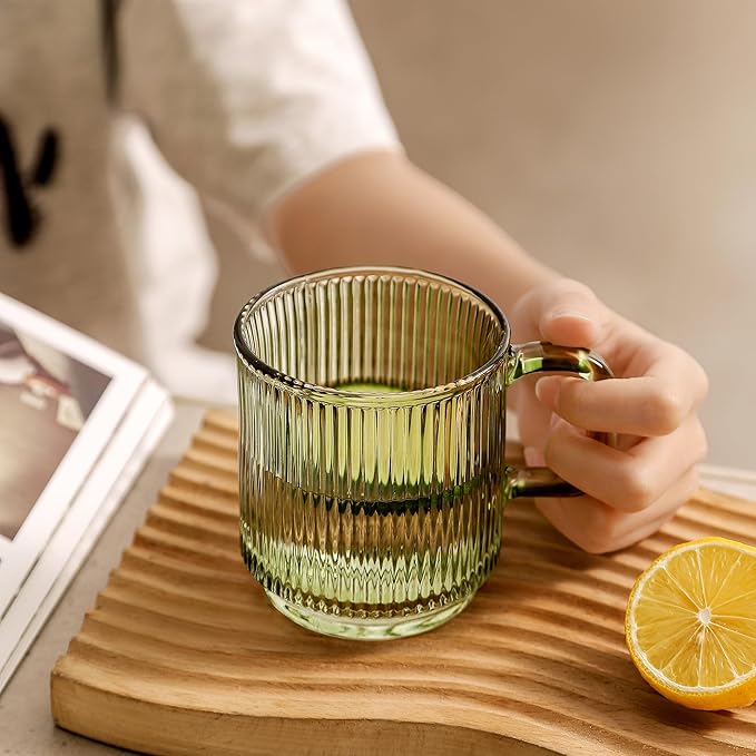 Lysenn Glass Coffee Mug with Lid - Premium Classical Vertical Stripes Glass Tea Cup - for Latte, Tea, Chocolate, Juice, Water - Lead-Free - Bamboo Lid - Lime Green
