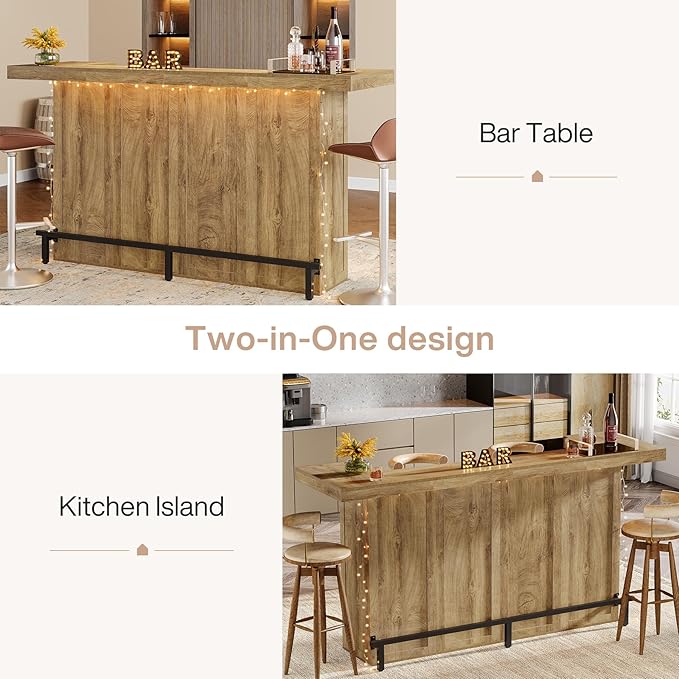 Tribesigns 4-Tier Bar Table, 70.9-Inch Large Wooden Home Bar Unit with Wine Glass Holder and Black Footrest, Pub Table with Storage Shelves for Basement, Dining Room, Living Room, Light Brown
