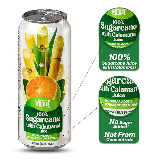 VINUT 100% Sugarcane with Calamansi Juice, No Added Sugar, Not From Concentrate, 16.9 fl oz (500 mL) Can, Pack of 12
