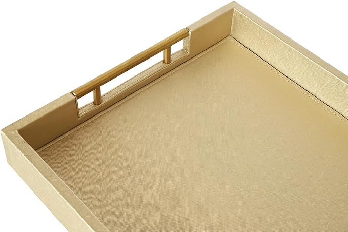 HofferRuffer Faux Leather Serving Tray with Gold Metal Handles, Stylish Decorative Tray Organizer for Coffee Table, Ottoman, Home Decor and Serving (Gold, 16.2" x 12.2" x 2")