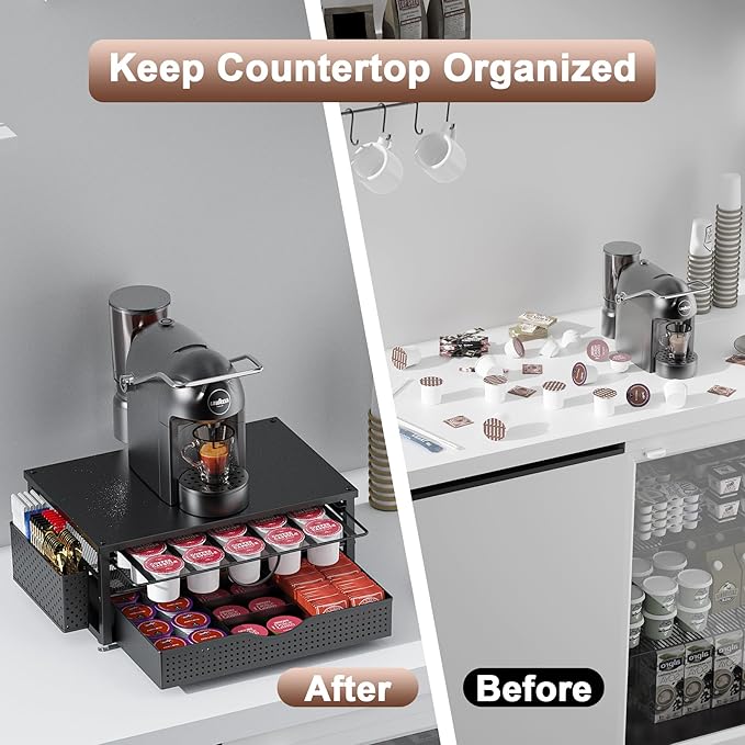 K Cup Holder, Coffee Pod Holder with 2 Tier Sliding Storage Drawer and 1 Hanging Basket for 51 Large or 73 Small Capsule,K Cup Coffee Station Organizer Accessories for Counter,Home,Office,Kitchen