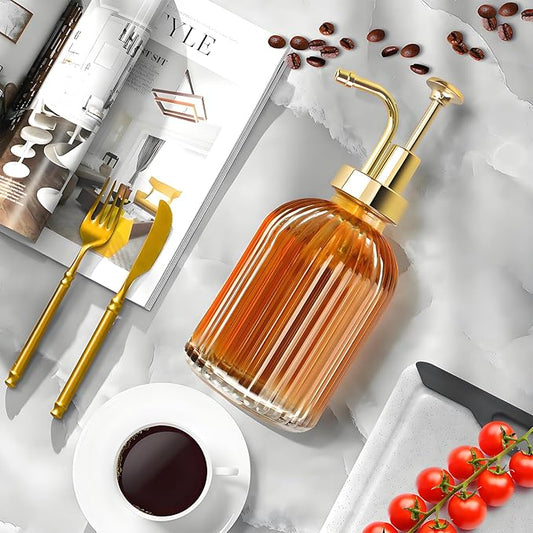 Glass Coffee Syrup Dispenser 10oz, Syrup Bottles with Ribbed Design, Gold Syrup Pump, Coffee Bar Accessories, Honey Dispenser