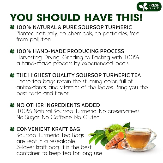 FreshDrinkUS, Premium 60 Soursop Turmeric Tea Bags, 100% Natural, Blend of Soursop Leaves, and Turmeric Root. Made with Natural Material Tea Bags. No Sugar, Vegan. | Premium, 100% Natural, No Sugar, Vegan