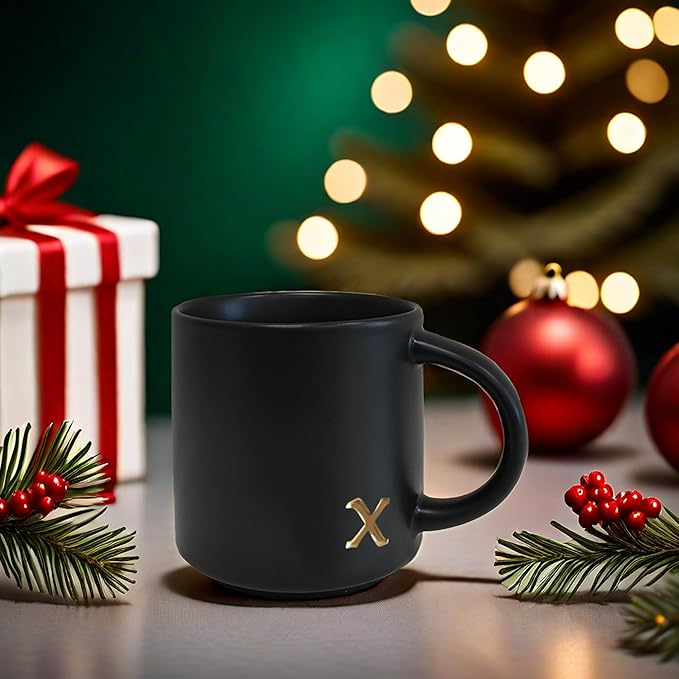 COLLECTIVE HOME - Black Monogram Ceramic Mugs, 15 oz Golden Initial Coffee Cups, Elegant Alphabet Tea Mugs, Personalized Halloween Mug with Gift Box, Perfect for Office and Home Décor (x)