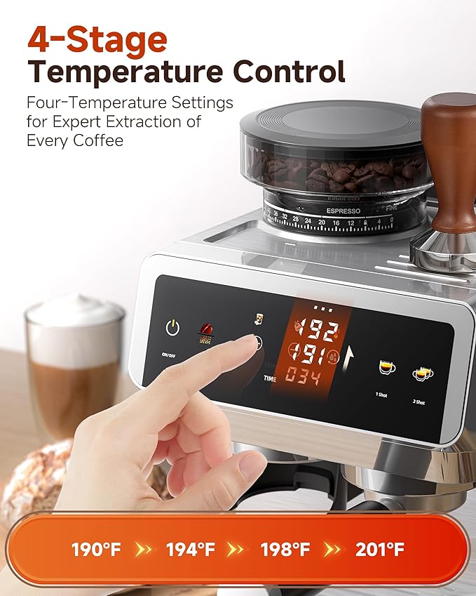 AMZCHEF Espresso Machine with Grinder: 20 Bar Semi Automatic Coffee Machine with 44 Grind Settings, 4-Temperature for Hot & Cold Brew | 8mm Milk Frother for Latte & Cappuccino,Stainless Steel