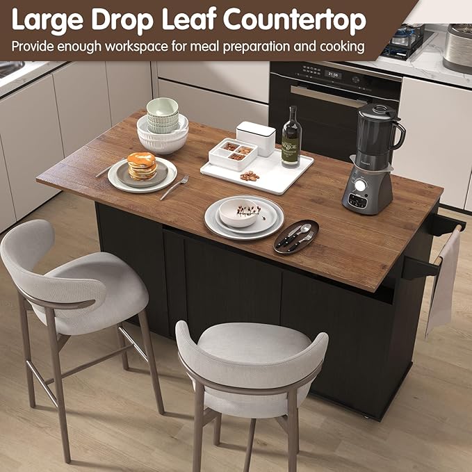 59 inch Large Mobile Kitchen Island Cart with Drop Leaf,Island Cart with 2 Cabinets,Drawer,Extra Counter Space&Trash Bin Storage,Rolling Portable Prep Table for Kitchen,Black