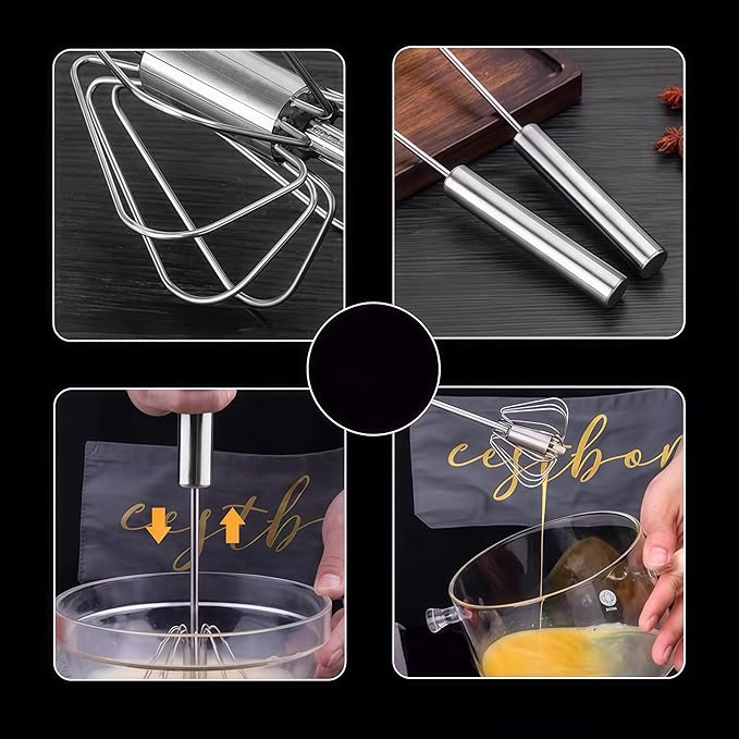 Stainless Steel Semi-Automatic Egg Beater, 2025 new hand push rotary mixer, Home Kitchen Manual Mixing Tool，used for making eggs, frothing, stirring, mixing, whipping, milkshakes, and more(7 * 35cm)
