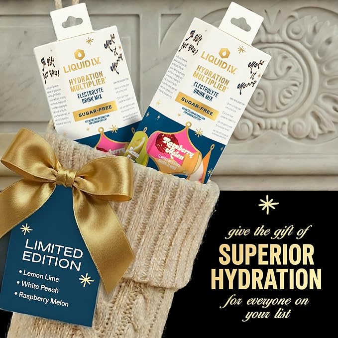 Liquid I.V.® Hydration Multiplier Sugar-Free - Variety Pack Stocking Stuffer - Raspberry Melon, Lemon Lime, and White Peach - 4 Pack (12 Sticks)