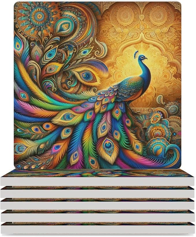 Square-6PCS Peacock Drink Coasters, Square Modern Ceramic Absorbent Coasters, Beautiful Colorful Floral Peacock Boho Art Pattren Decor Desk Coffee Table Coaster for Beverage Cup Tea Coasters