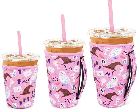 3 Pack Iced Coffee sleeve Insulated Neoprene Cup Sleeves with handle For Cold Drinks Beverages, Reusable Cup Holder for 16oz-32oz Coffee Cups (Horcrux)