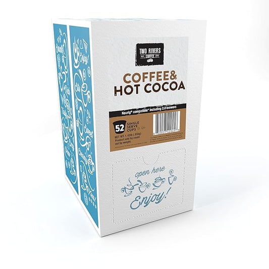 Two Rivers Coffee & Hot Chocolate Pods Sampler Compatible with K Cup Brewers Including 2.0, Single Serve Cocoa Variety Pack, 52 Count