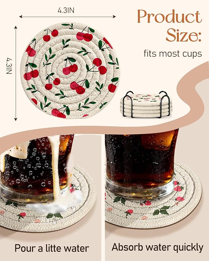 Drink Coasters Set of 4 - Cute Absorbent Cup Coasters for Drinks Coffee Table Office Home Desk Decor Soft Woven Cotton Cloth Braided Fabric Drinking Cup Mat with Holder Mushroom Cherry Fruit