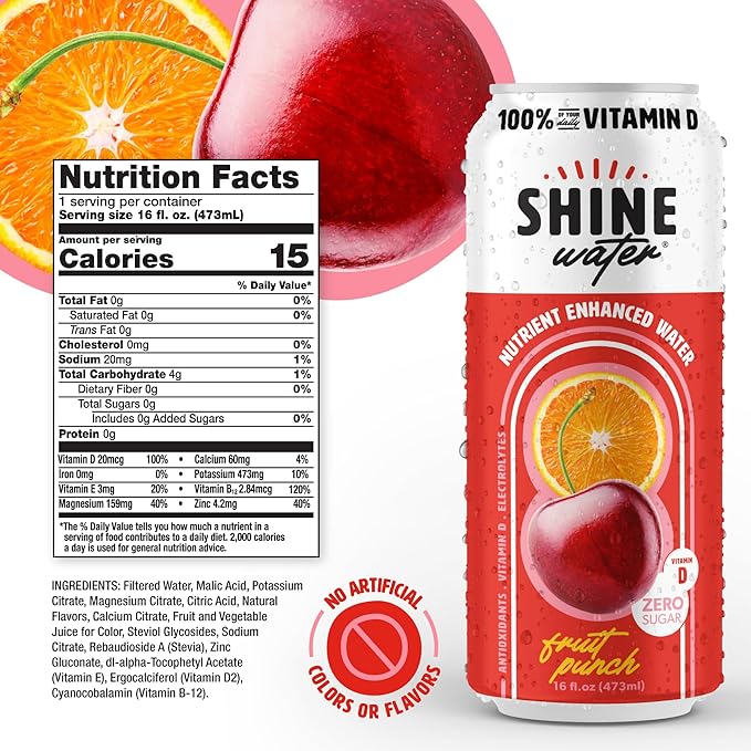 Shine Water Fruit Punch Vitamin D Electrolyte Drinks 12-Pack, Sugar Free Flavored Water with Magnesium, Zinc & Antioxidants, Low Calorie Hydration Beverage, Plant-Based Vitamin Water Zero Sugar