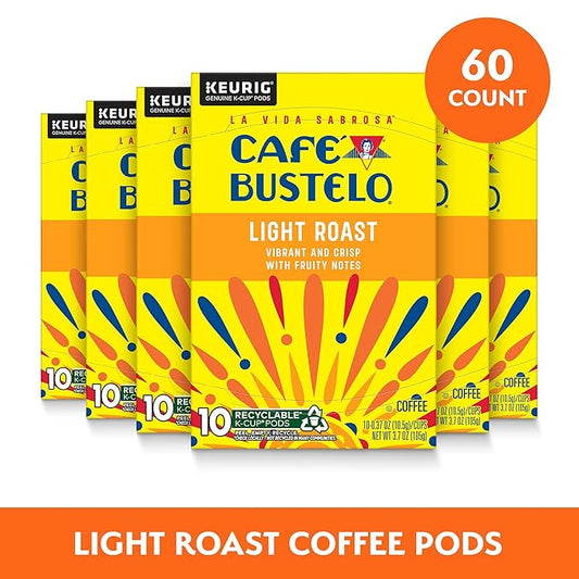 Café Bustelo Light Roast Coffee K-Cup Pods – 60 Count (6 Boxes × 10 Pods) | Keurig Compatible