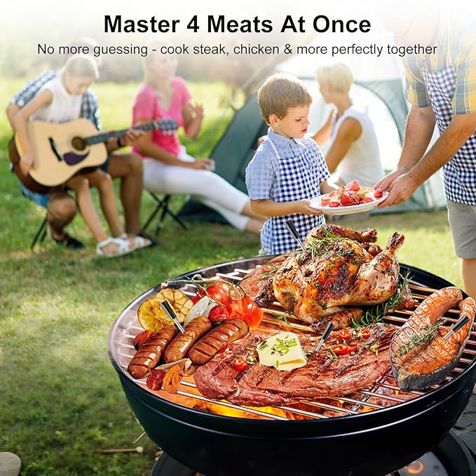Newise 4 Probes Wireless Meat Thermometer, Bluetooth Digital Food Thermometer for BBQ, Grill, Oven, Smoker, Long Range and Rechargeable Base with Real-time Alerts, Cooking Gifts for Men