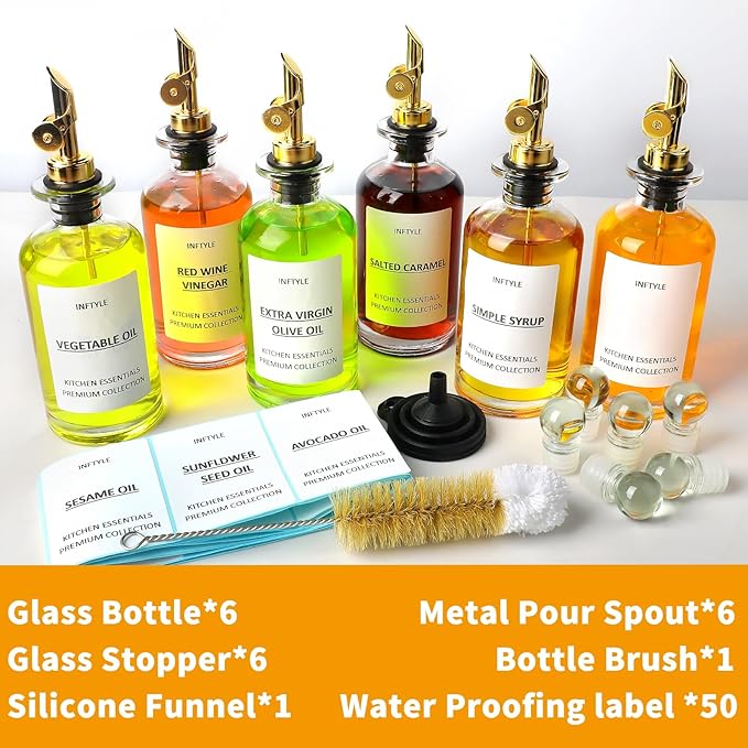 INFTYLE Olive Oil Dispenser Bottle Glass Coffee Syrup Bottles Set of 6 Cooking Oil bottles for kitchen, with Pourer Spout, Sealing Stopper, Labels, Funnel, Cleaning Brush (12 oz)