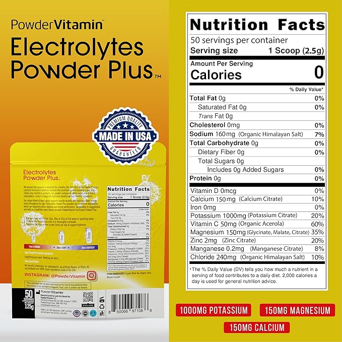 PowderVitamin Electrolytes Powder Plus (50 Servings) Unsweetened Black Tea Electrolyte Powder Keto,SugarFree, Pink Himalayan Salt,1000mgPotassium,150mgCalcium,150mgMagnesium,Hydration Powder NO STEVIA
