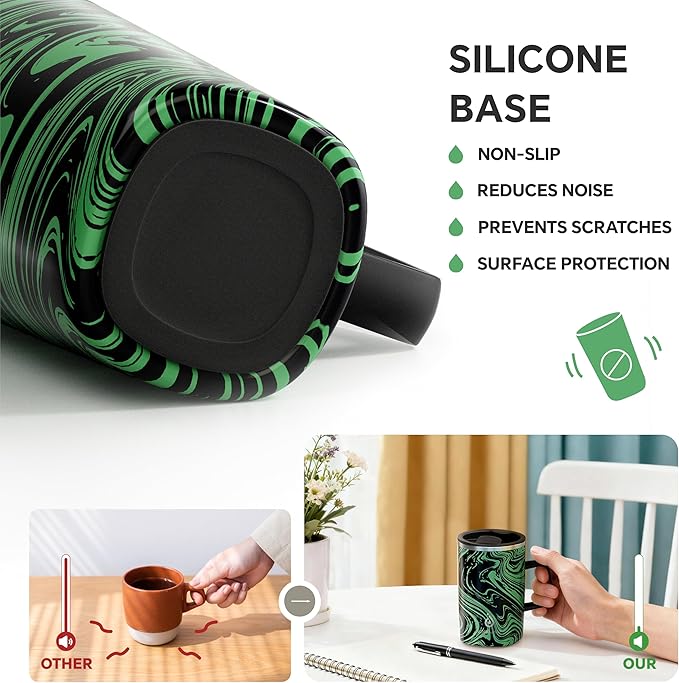 Ideus Vacuum Insulated Coffee Mug, 16oz Reusable Stainless Steel Thermal Double Walled cup with Handle and Slider Lid for Hot & Cold Beverages, BPA Free (Green Zebra)
