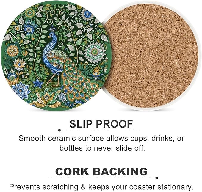 Round-6PCS Peacock Ceramic Coasters, Round Absorbent Drink Coasters, Beautiful Green Plant Floral Peacock Boho Art Pattren Ceramic Table Coasters for Coffee, Beverage, Wine, Beer Coasters