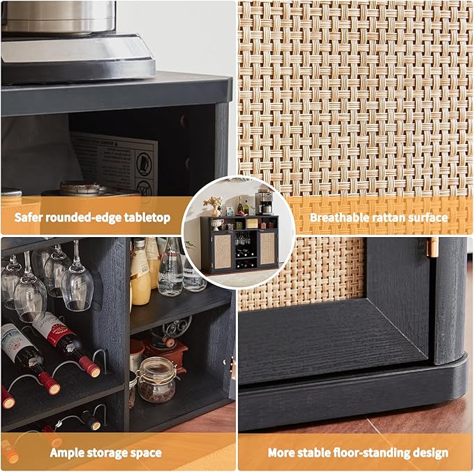 Lerliuo Rattan Wine Cabinet with 2 Doors, Boho Liquor Cabinet with Wine Racks, Farmhouse Coffee Bar Station for Living Room, Dining Room, Kitchen, Black