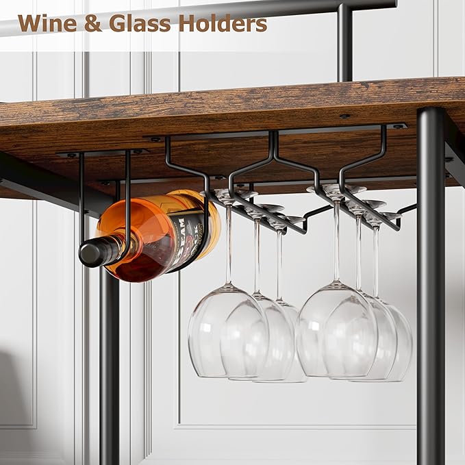 GarveeHome Black Bar Carts with 4-Tiers Storage Shelves，Mobile Bar Seving Carts On Wheels with Wine Rack and Glass Holder for Kitchen, Dining Room, Living Room-Black+Retro Brown