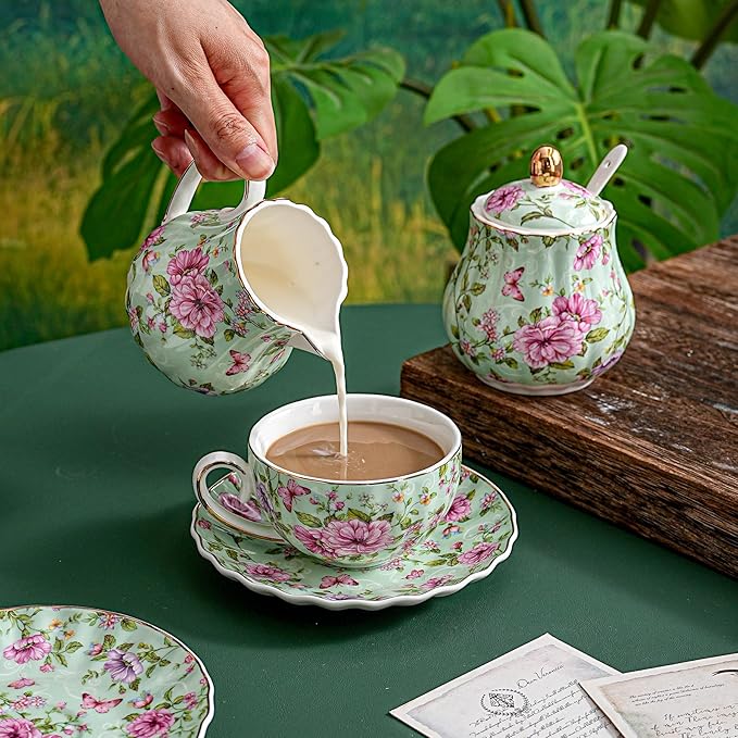 Tea Cup and Saucers, 6.4oz Floral Tea Cups with Gold Trim, Porcelain Teacup, Coffee Cappuccino Espresso Latte Mugs for Party Birthday,Party Cafe Home, Christmas Gift (Green)