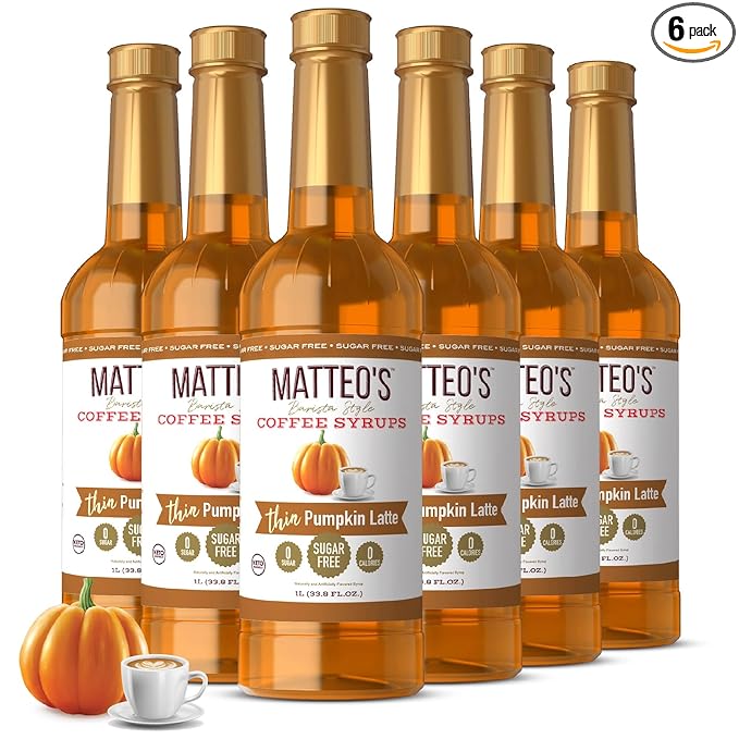 Matteo's Pumpkin Latte Syrup for Coffee, Lattes, Cappuccinos & Desserts – Sugar-Free Sweetener for Beverages, Keto Friendly, Zero Calories, Indulgent Flavor, Non-Alcoholic, 33.8oz (6pk)