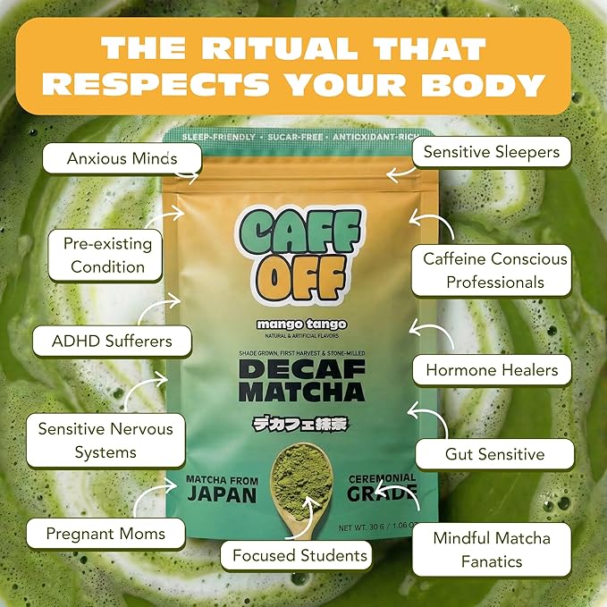 Caff Off Decaf Mango Matcha Green Tea Powder From Japan – 1.06 oz / 30 g – Ceremonial Grade & Sugar-Free - No Fillers or Milk Powders – Naturally Decaffeinated Without Chemicals – Tested for Heavy Metals – First Harvest, Shade-Grown & Caffeine-Free Mat...