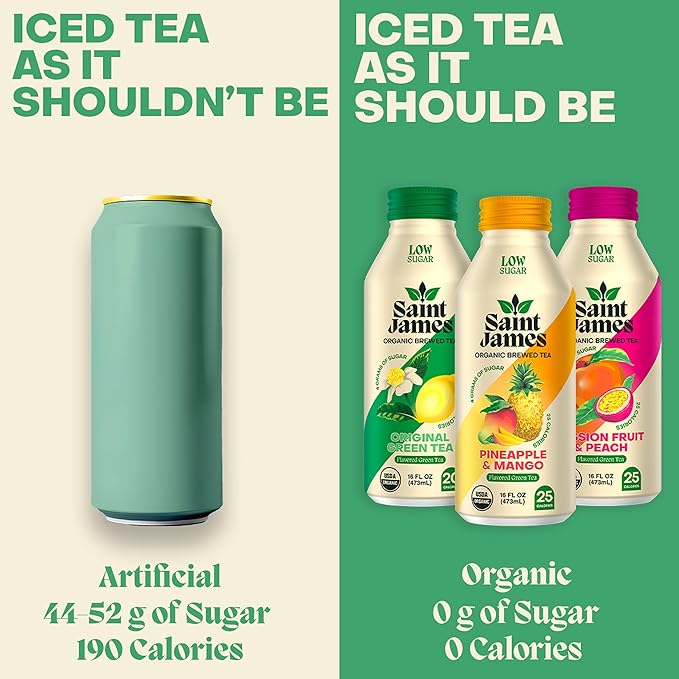 Saint James Iced Tea - Organic Green Tea - Non GMO, Gluten Free, Low Calorie & Low Sugar - Variety Green Tea Flavors, 12 Pack (16.9 fl oz each) | Non GMO, Gluten Free, Low Calorie, Low Sugar