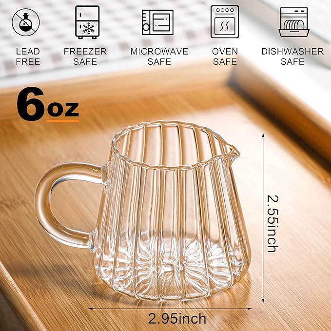 Loscarol 2 Pcs Small Creamer Pitcher, Elegant Wave Shaped Glass Creamer Jug, for Coffee, Milk, Tea, 6 oz Milk Frothing Pitcher for Kitchen