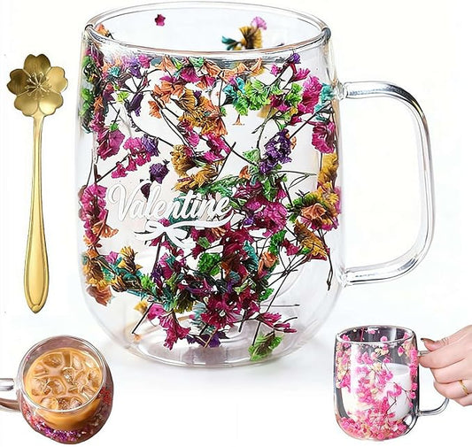 15.2Oz Double Glass Flower Tea Cup,Dried Flowers Insulated Glass Double Wall Coffee Mug With Handle,Transparent Doubles Glases Flower Tea Cup Latte Coffee Cups,Valentines Day Party Gifts