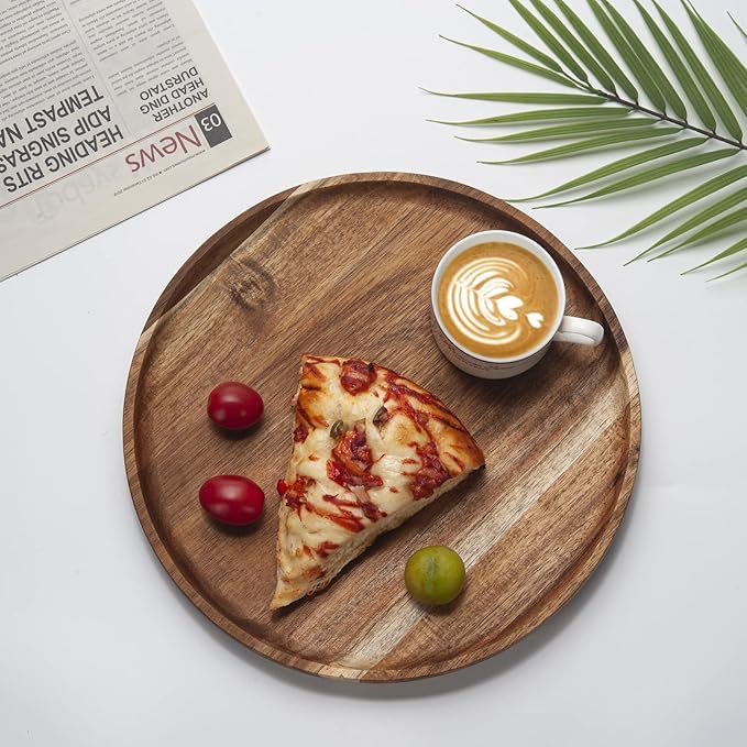 YANGQIHOME Round Wood Tray, Acacia Wooden Serving Tray, Serving Platter, Appetizer Charcuterie Board, Tray Organizer for Kitchen/Countertop, 13.8 x 13.8 x 0.8 inch