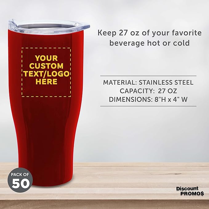 Custom Stainless Steel Grip Travel Mugs 27 oz. Set of 50, Personalized Bulk Pack - Perfect for Coffee, Soda, Other Hot & Cold Beverages - Red