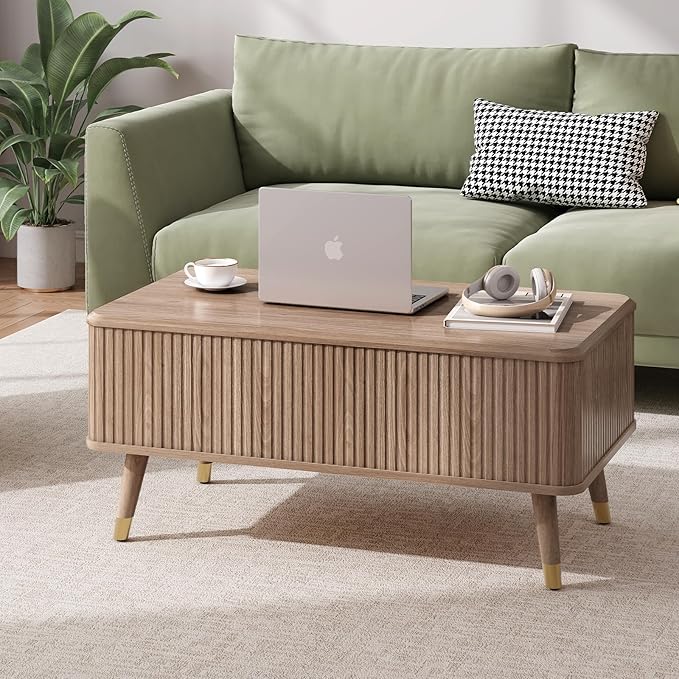 Lift Top Coffee Table with Storage,Natural Wood Center Table for Living Room, Modern Farmhouse Oak Fluted Design,Pop-Up Desk for Work & Dining