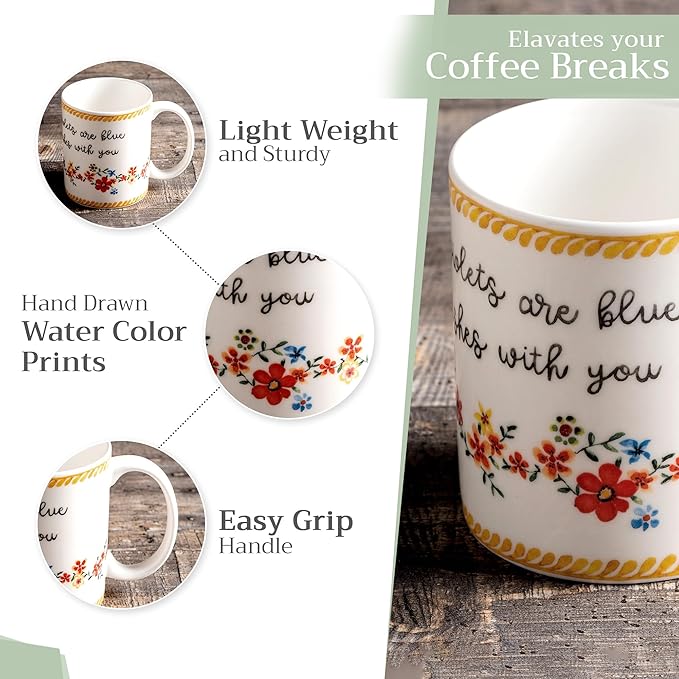 Maison d' Hermine Coffee Mug with Handles Fine Bone China Mugs Pack of One Tea Cups for Hot Beverages Cappuccino Latte Home Office Perfect for Gift (Happy Florals - Sweety Roses Are Red, 12 Ounce)