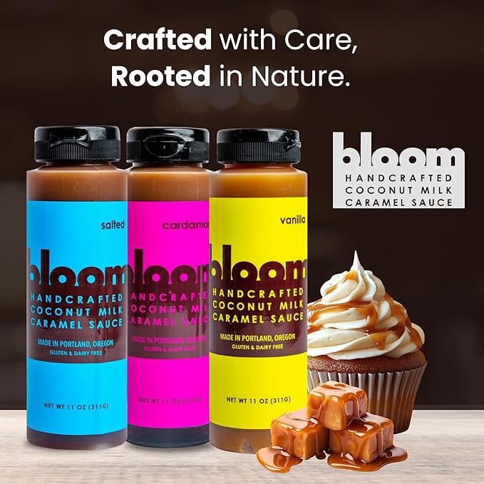 Bloom Caramel Gift Set - Salted, Vanilla, Cardamom Coconut Caramel Sauce - Vegan, Dairy-Free Dessert Topping, Small Batch Artisanal Quality, Perfect for Coffee, Ice Cream, and Baking – 33 oz