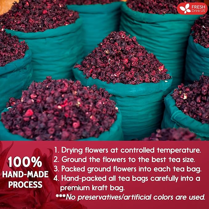 FreshDrinkUS, Premium 60 Hibiscus Flowers Tea Bags, 100% Natural & Pure, Loose Flower Herbal Tea. No Sugar, No Caffeine, No Gluten, Vegan. Great To Drink Hot Or Ice Tea
